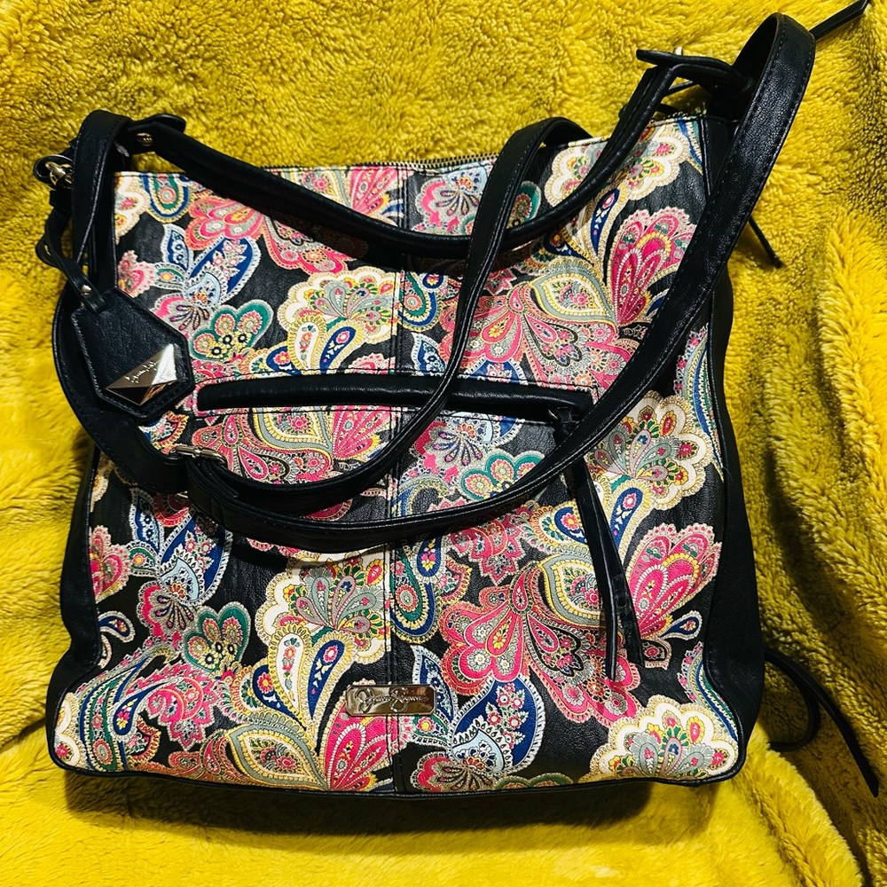 Jessica Simpson Convertible Baylinn Hobo Handbag Black Paisley Shoulder Bag Chic